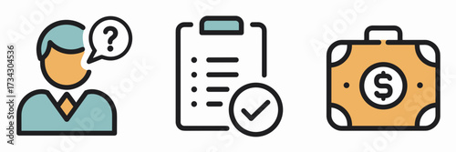 Vector icon sheet of customer service question mark, claim checklist, and suitcase with dollar sign – Ideal for insurance promotions and financial services