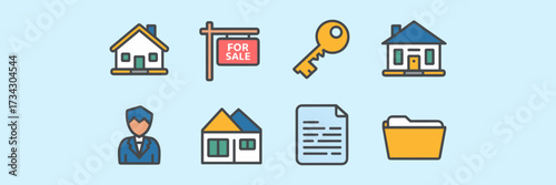 Vector icon sheet of house, for sale sign, key, property listing, agent symbol, and contract folder – Perfect for housing market branding and property deals