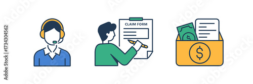 Vector icon sheet of insurance representative, claim form, and insurance package with money symbol – Great for insurance branding, financial planning, and customer service