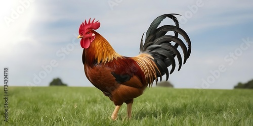 Colorful rooster standing on green grass field, close up of farm animal, rural countryside background