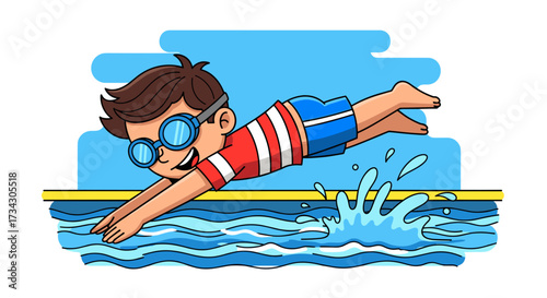 Illustration of boy diving into swimming pool cartoon summer sport activity with goggles and swimwear fun time