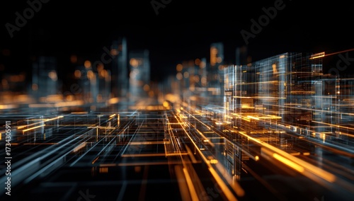 A complex network of glowing lines and cubes constructs a futuristic cityscape, imbued with a sense of motion and technological advancement.