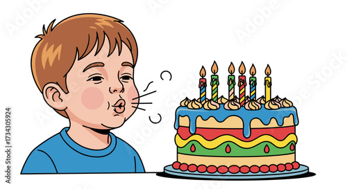 Celebrating birthday party with cake and candles boy blowing happy birthday cake illustration design vector