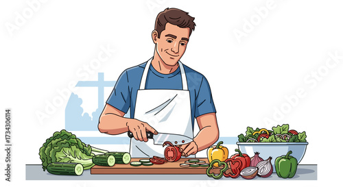Man preparing healthy salad cutting vegetables for a fresh homemade salad in the kitchen at home recipe