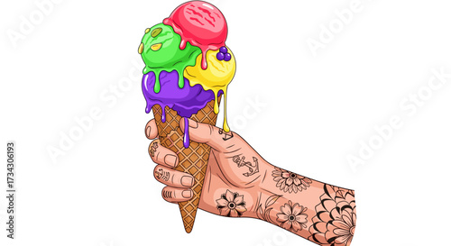 Colorful ice cream cone held by tattooed hand delicious dessert summer treat sweet snack frozen treat illustration