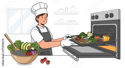 Chef preparing healthy meal putting vegetables in oven for cooking and salad preparation at home kitchen