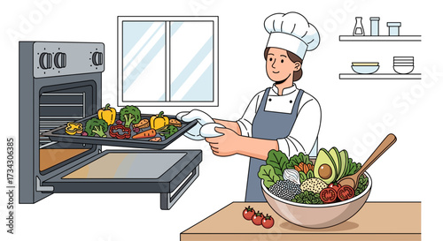 Chef cooking healthy meal with roasted vegetables and fresh salad in kitchen for wellness lifestyle