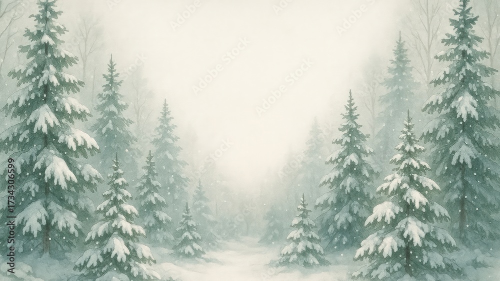 Fototapeta premium Serene snowy forest landscape illustration.