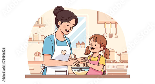 Mother and daughter baking together in kitchen happy family cooking home baking recipe fun time learning