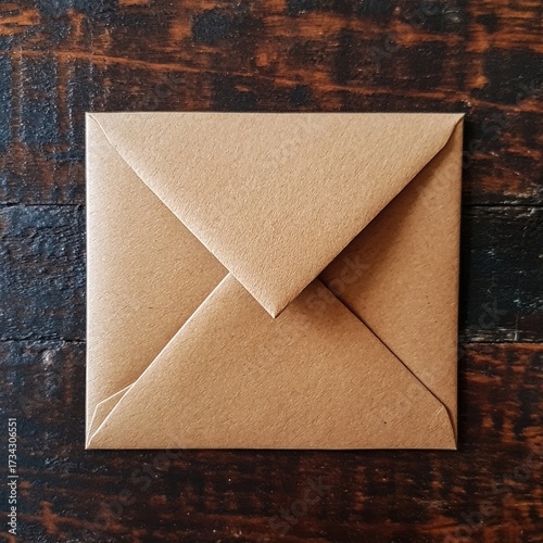 A square kraft paper envelope, closed and resting on a wooden surface