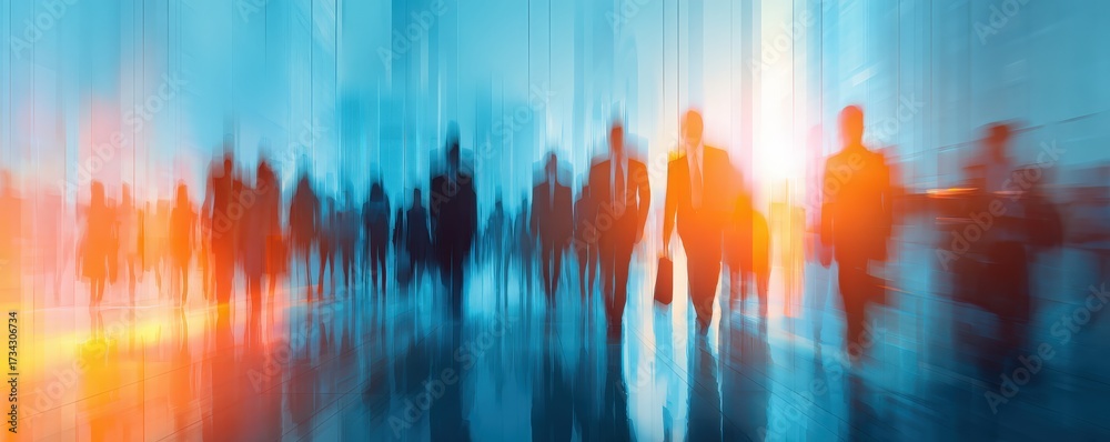 Obraz premium A dynamic scene depicting blurred silhouettes of people walking in a modern, brightly lit environment, conveying a sense of movement and energy.