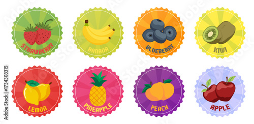 Set of food fruit label. Stickers with organic apple, banana, peach, kiwi, ananas, fresh natural, with fruits and berries for supermarket. Vector market stickers set