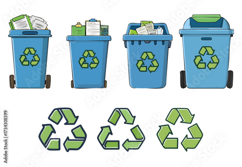 Illustration set of four blue recycling bins filled with paper and three different green universal recycling symbols