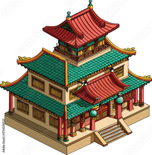 Traditional Chinese temple architecture features pagoda and ornate roof designs against the sky, reflecting ancient Buddhist culture in Asia