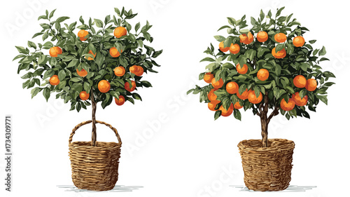 Vibrant Orange Tree and Full Basket on White Background
