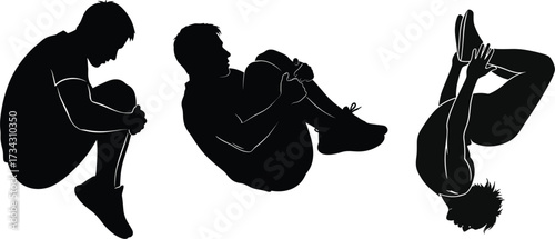 Man in various sitting and tumbling poses silhouette man, sitting, tumbling, rolling, tumbling, sitting, fitness, concentration, white, action, silhouette, black, illustration, energy, arms, posture, 