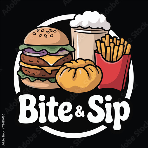 Bite & Sip Logo Illustration – Burger, Fries, Drinks in Bold Fast Food Design