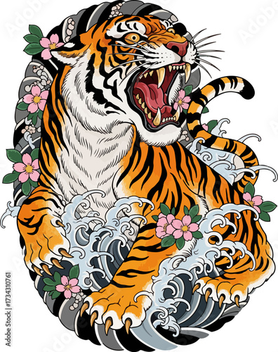 Japanese Tiger Tattoo with Waves and Cherry Blossom Vector Illustration