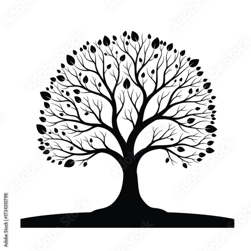 Black Silhouette of an Imaginative Tree with Numerous Leaves, Standing Tall on a Ground Line