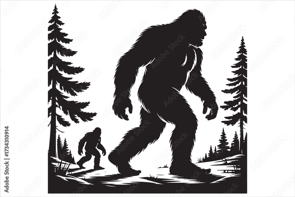 Fototapeta premium Bigfoot Silhouette Walking in Forest.