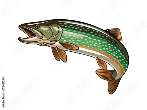 Vector illustration of a pike fish on a hook, isolated on a white background, perfect for seafood and fishing design