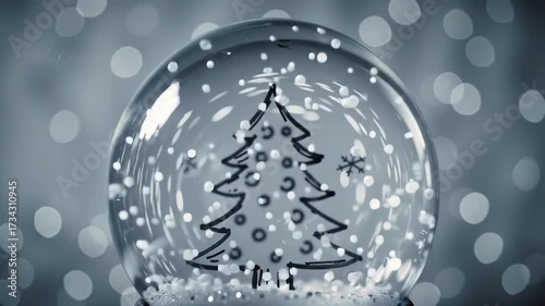 Closeup of a Snow Globe with Hand-Drawn Christmas Tree and Snowflake Decorations in Motion