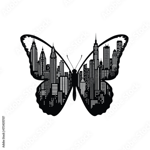 An imaginative silhouette of a butterfly with a cityscape integrated into its wings, symbolizing transformation and urban life
