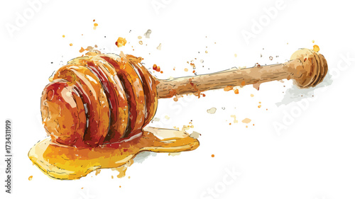 Honey Dripping from Wooden Dipper in Watercolor Style