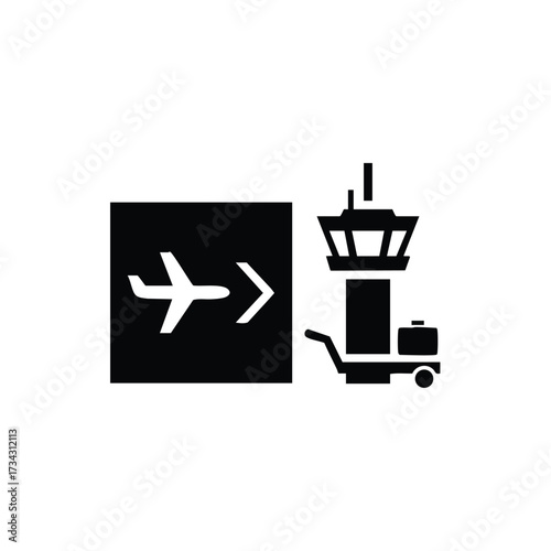 Airport Runway Sign with Airplane and Control Tower Symbols Indicating Flight and Departure Area