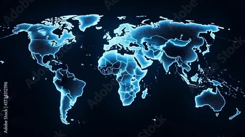Glowing blue world map with illuminated continents on a dark background, symbolizing global connection and technology.