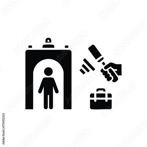 Person walking through a security scanner with a briefcase and a hand holding a flashlight or baton nearby