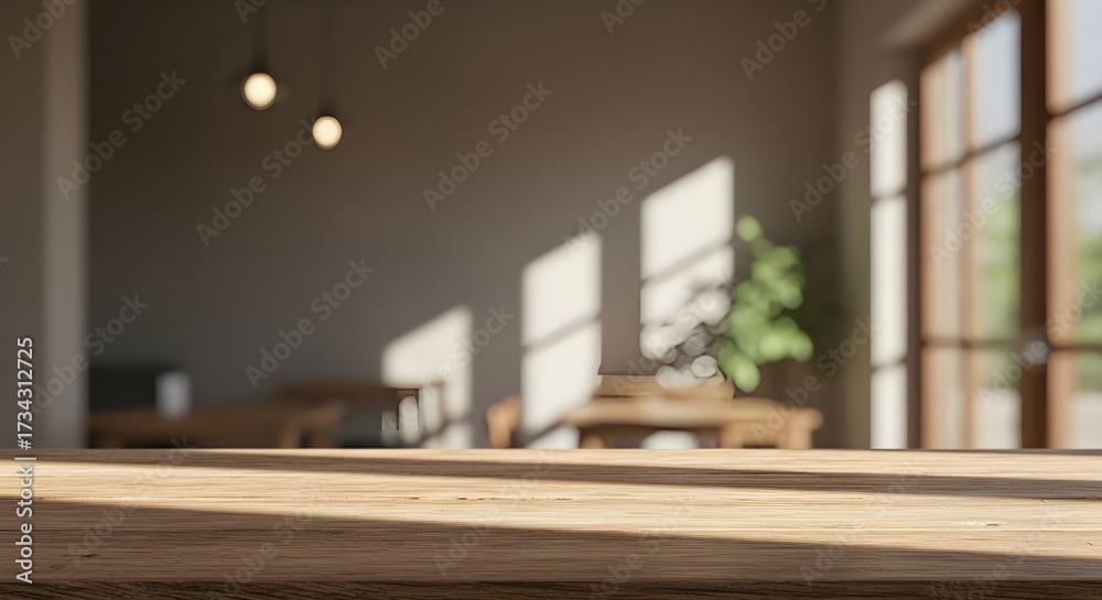 Fototapeta premium Modern living room with sunlight through windows, wooden floor interior