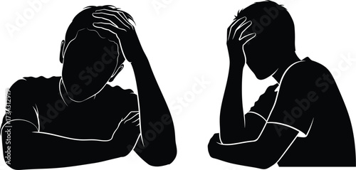 Man holding head in despair silhouette Keywords: man, despair, stress, sadness, frustration, pain, problem, confused, arm, t-shirt, white, emotion, silhouette, black, illustration, health, head, stres