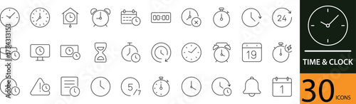 Minimal Time and Clock Line Icon Set 30 Clean Outline Symbols for Watch, Alarm, and Schedule Design