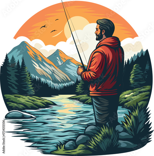 Fishing silhouette illustration of a fisherman on a lake, river, or seaFishing silhouette illustration of a fisherman on a lake, river, or sea