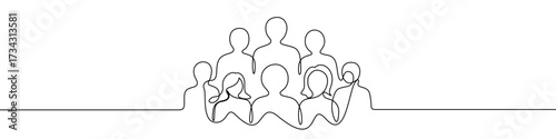 Group of people in one line art style. People drawing with editable black stroke on white background. Vector illustration.