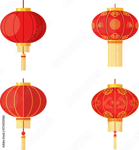 Set of traditional red lantern flat vector illustrations