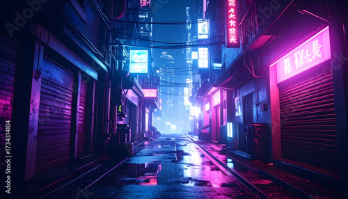 Cyberpunk alley at night, neon lights, cinematic perspective