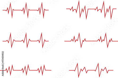 Red Heartbeat Pulse Line Set – Medical Cardiograph Symbols, Healthcare Vital Signs and Heart Rhythm Vector Illustration