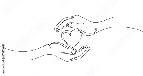 Hands holding a heart in one line art style. Drawing of hands and heart with editable black stroke on a white background. Vector illustration.