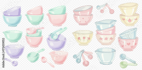 Watercolor illustration of pastel colored mixing bowls and measuring spoons.
