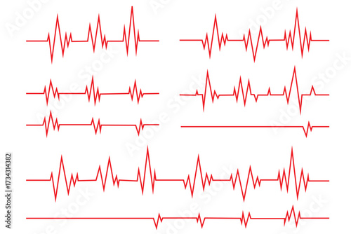 Red Heartbeat Pulse Line Set – Medical Cardiograph Symbols, Healthcare Vital Signs and Heart Rhythm Vector Illustration