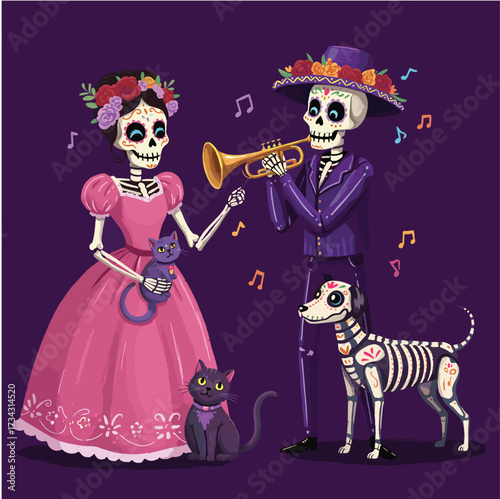 The image represents the Day of the Dead (Día de los Muertos), a vibrant Mexican holiday celebrated on November 1st and 2nd. It honors deceased loved ones, viewing death as a natural part of life