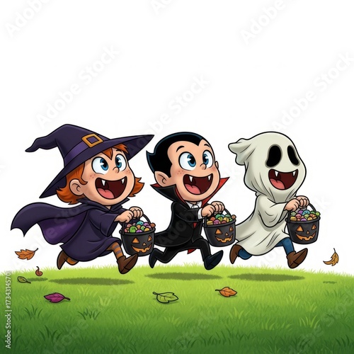 2D cartoon children in witch, ghost, and vampire costumes running on the grass at a Halloween party