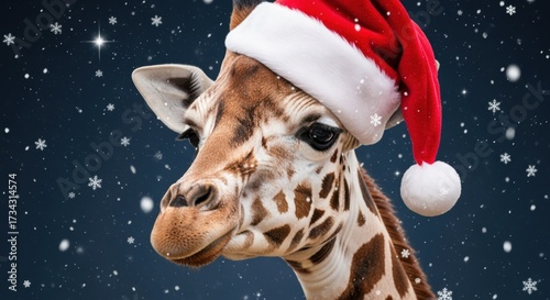 A festive giraffe wearing a Santa hat amid falling snowflakes. Its expressive face and large eyes create a whimsical holiday scene.