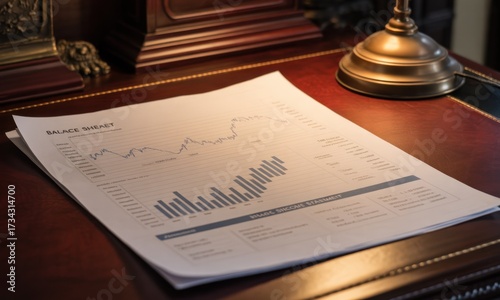 A financial document with charts and data rests on a polished wooden desk, illuminated