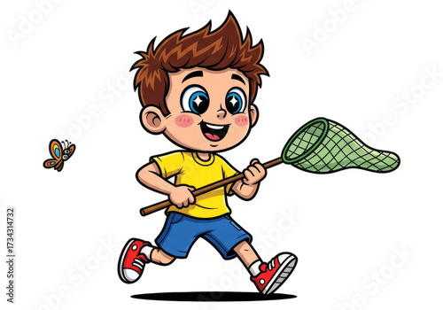 2D cartoon boy catching a butterfly with a net, on a transparent background