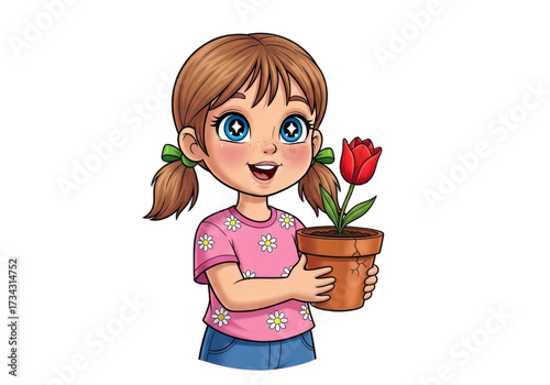 2D cartoon girl holding a flowerpot with a houseplant, on a transparent background
