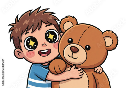 2D cartoon boy with a big teddy bear, on a transparent background