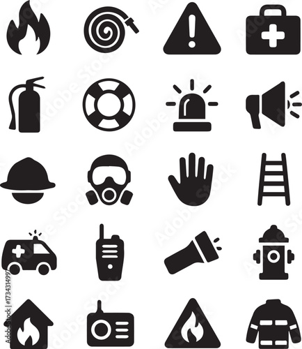 Set of black firefighter and emergency safety icons including fire hydrant, helmet, ladder, extinguisher, siren, gloves, and rescue symbols. Ideal for safety, hazard, and emergency projects.

